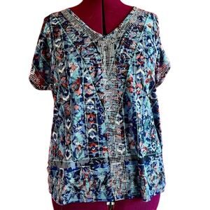 Womens Top Size 1X Blue Floral Geometric Indie Twee Retro Boho Professional Work